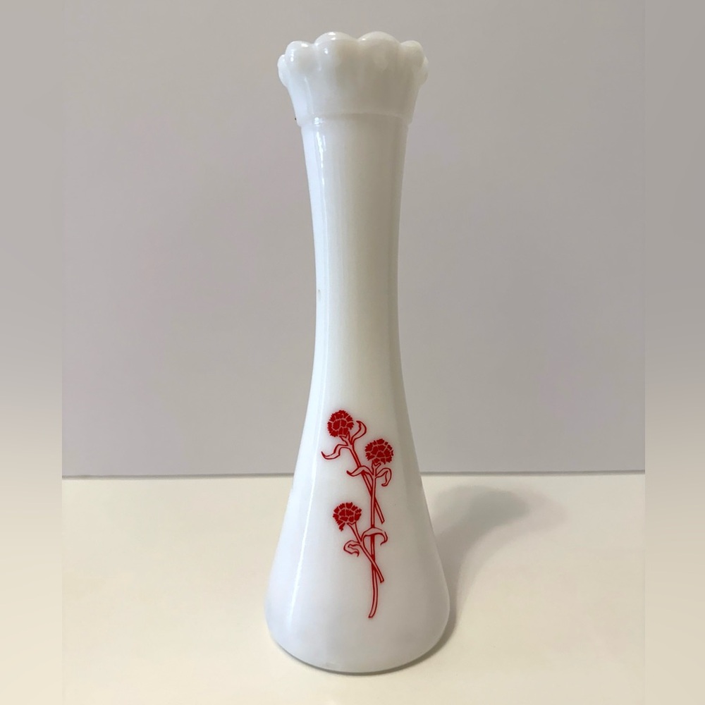 Vintage Hazel-Atlas Milk Glass Bud Vase – Red Floral Design – 1950s–60s